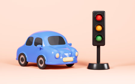 Cartoon blue car and traffic sign light on the yellow background, 3d rendering. Digital drawing.の写真素材