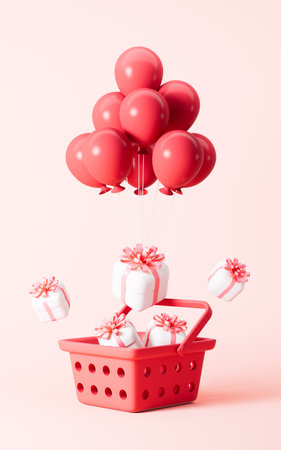 Gifts with red balloon and shopping basket in the pink background, 3d rendering. Digital drawing.の写真素材