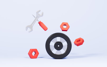 Cartoon repair tools and wheel on the blue background, 3d rendering. Digital drawing.の写真素材