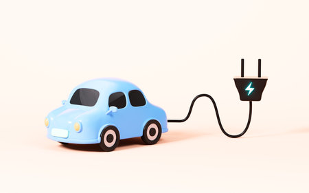 Cartoon battery and car, electric vehicle charging concept, 3d rendering. Digital drawing.の写真素材