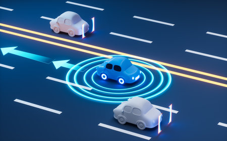 Autonomous Self Driving Car Moving through highway, Autopilot and sensing systems, 3d rendering. Digital drawing.の写真素材