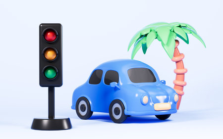 Car and traffic sign light in the blue background, 3d rendering. Digital drawing.の写真素材