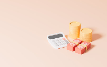 Cartoon calculator and dollars on the pink background, 3d rendering. Digital drawing.の写真素材