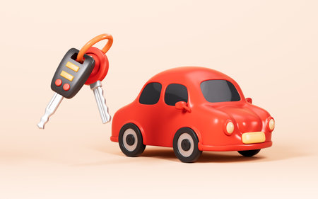 Cartoon car and a bunch of keys on the yellow background, 3d rendering. Digital drawing.の写真素材