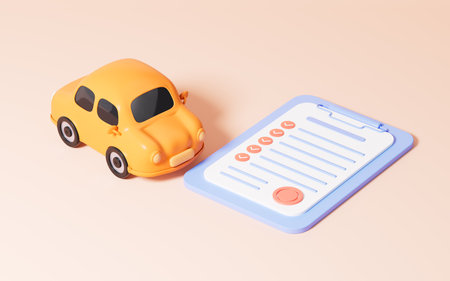 Cartoon yellow car and contract on the yellow background, 3d rendering. Digital drawing.の写真素材