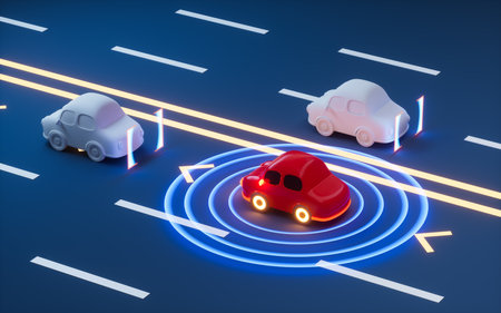 Autonomous Self Driving Car Moving through highway, Autopilot and sensing systems, 3d rendering. Digital drawing.の写真素材