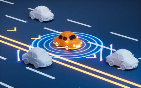 Autonomous Self Driving Car Moving through highway, Autopilot and sensing systems, 3d rendering. Digital drawing.の写真素材
