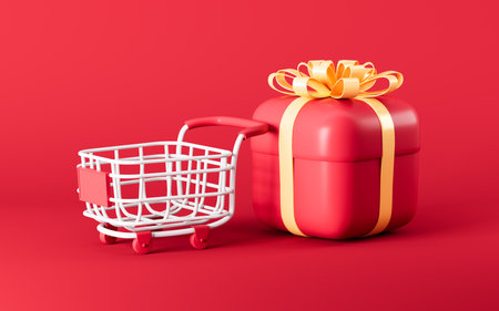 Red gift and empty shopping cart in the red background, 3d rendering. Digital drawing.の写真素材