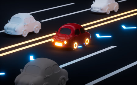 Autonomous Self Driving Car Moving through highway, Autopilot and sensing systems, 3d rendering. Digital drawing.の写真素材