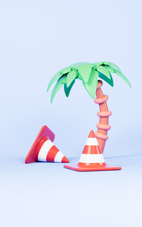 Cartoon traffic cone and trees in the blue background, 3d rendering. Digital drawing.
