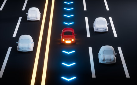 Autonomous Self Driving Car Moving through highway, Autopilot and sensing systems, 3d rendering. Digital drawing.の写真素材