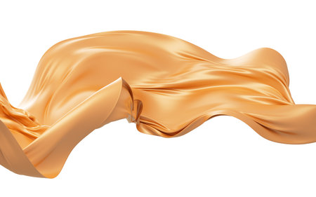 Gold silk fabric, gold cloth material flying in the wind , 3d rendering. Digital drawing.の写真素材
