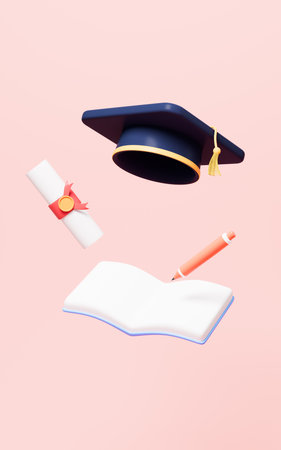 Graduate high school, college or university cap and scroll on the pink background, 3d rendering.の写真素材