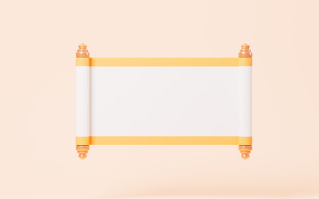 Empty opening scroll on the yellow background, 3d rendering. Digital drawing.の写真素材