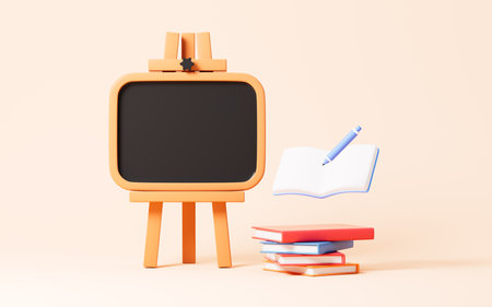 Cartoon blackboard and books in the yellow background, 3d rendering. Digital drawing.の写真素材