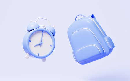Cartoon schoolbag and alarm clock on the blue background, 3d rendering. Digital drawing.の写真素材