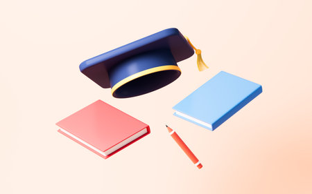 Graduate cap and books on the yellow background, 3d rendering. Digital drawing.の写真素材