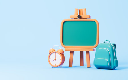 Cartoon schoolbag and blackboard on the blue background, 3d rendering. Digital drawing.の写真素材