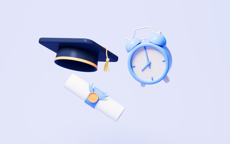 Graduate high school, college or university cap and scroll on the blue background, 3d rendering. Digital drawing.の写真素材