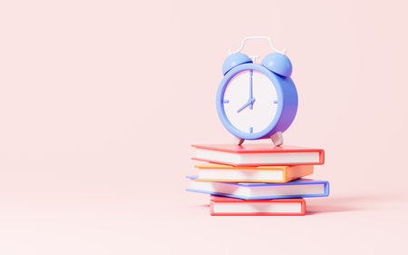 Cartoon alarm clock and books in the pink background, 3d rendering. Digital drawing.の写真素材
