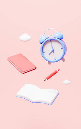 Cartoon alarm clock and books in the pink background, 3d rendering. Digital drawing.の写真素材