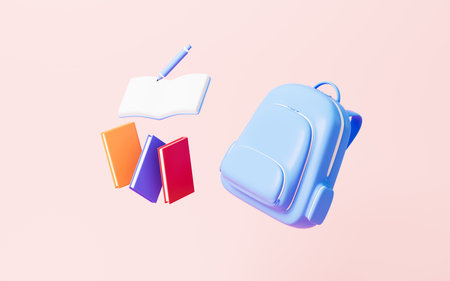 Cartoon schoolbag and books on the pink background, 3d rendering. Digital drawing.の写真素材