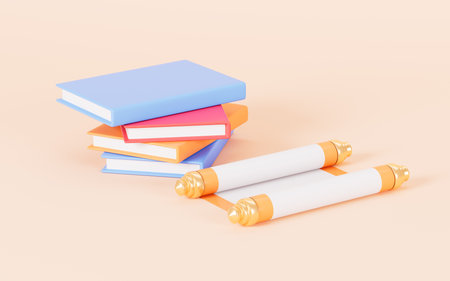 Cartoon books and scroll in the yellow background, 3d rendering. Digital drawing.の写真素材