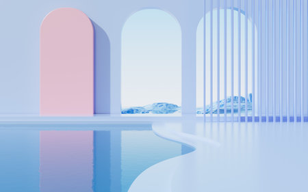 Geometric architecture and water surface background, 3d rendering. Digital drawing.の写真素材
