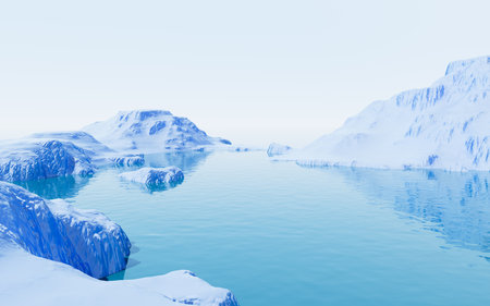 Water surface and mountains background, 3d rendering. Digital drawing.の写真素材