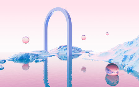 Abstract frame arch and spheres with water surface and mountains background, 3d rendering. Digital drawing.の写真素材