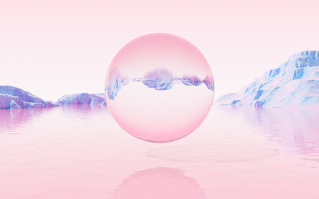 Abstract sphere with water surface and mountains background, 3d rendering. Digital drawing.の写真素材