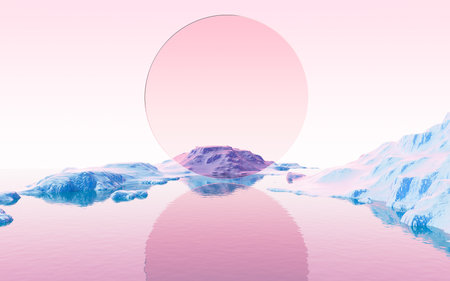 Abstract round glass with water surface and mountains background, 3d rendering. Digital drawing.の写真素材