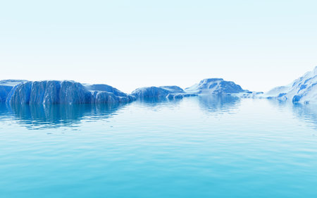 Water surface and mountains background, 3d rendering. Digital drawing.の写真素材