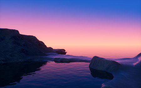 Water surface and mountains at dusk, 3d rendering. Digital drawing.の写真素材