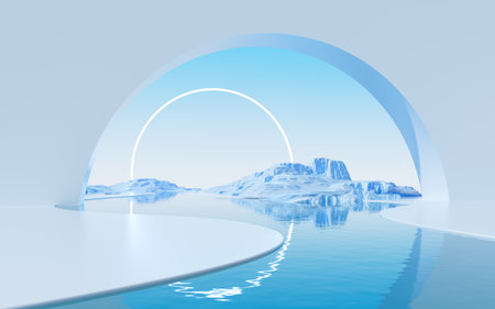 Geometric architecture and water surface background, 3d rendering. Digital drawing.の写真素材