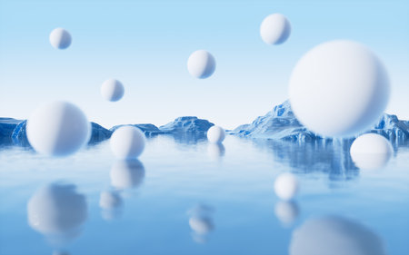 Abstract balls with water surface background, 3d rendering. Digital drawing.の写真素材