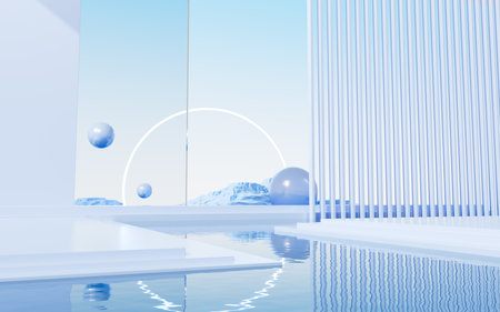 Geometric architecture and water surface background, 3d rendering. Digital drawing.の写真素材