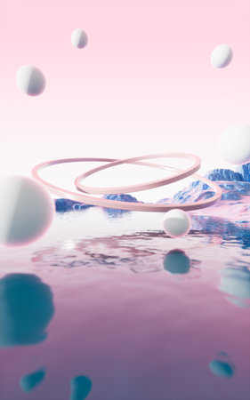 Abstract balls and ring with water surface and mountains background, 3d rendering. Digital drawing.の写真素材