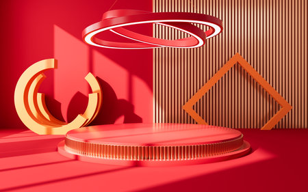 Red geometric interior architecture and empty stage, e-commerce background, 3d rendering. Digital drawing.の写真素材