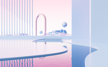 Geometric architecture and water surface background, 3d rendering. Digital drawing.の写真素材