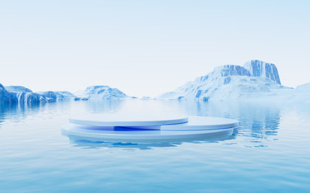 Empty stage and spheres with water surface background, 3d rendering. Digital drawing.の写真素材