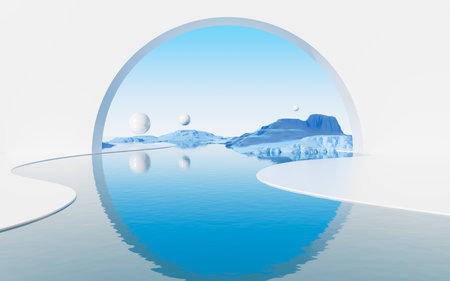 Geometric architecture and water surface background, 3d rendering. Digital drawing.の写真素材