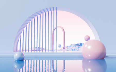 Geometric architecture and water surface background, 3d rendering. Digital drawing.の写真素材