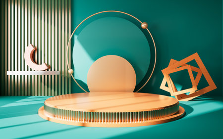 Green geometric interior architecture and empty stage, e-commerce background, 3d rendering. Digital drawing.の写真素材