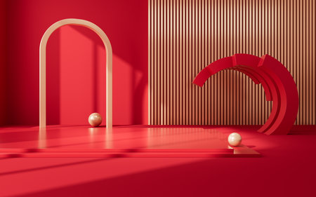 Red geometric interior architecture and empty stage, e-commerce background, 3d rendering. Digital drawing.の写真素材
