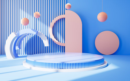 Blue geometric interior architecture and empty stage, e-commerce background, 3d rendering. Digital drawing.の写真素材