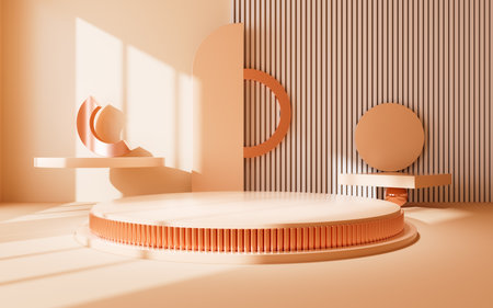 Yellowish geometric interior architecture and empty stage, e-commerce background, 3d rendering. Digital drawing.の写真素材