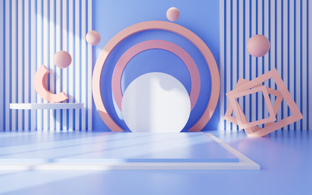Blue geometric interior architecture and empty stage, e-commerce background, 3d rendering. Digital drawing.の写真素材