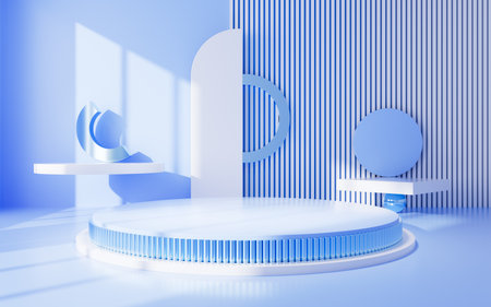 Blue geometric interior architecture and empty stage, e-commerce background, 3d rendering. Digital drawing.の写真素材