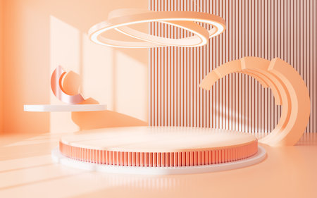 Yellowish geometric interior architecture and empty stage, e-commerce background, 3d rendering. Digital drawing.の写真素材